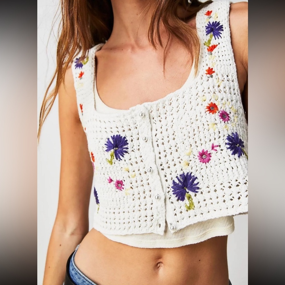 💗 Free People Wild Flower Crochet Tank Top Vest Floral Embroidered Size Medium